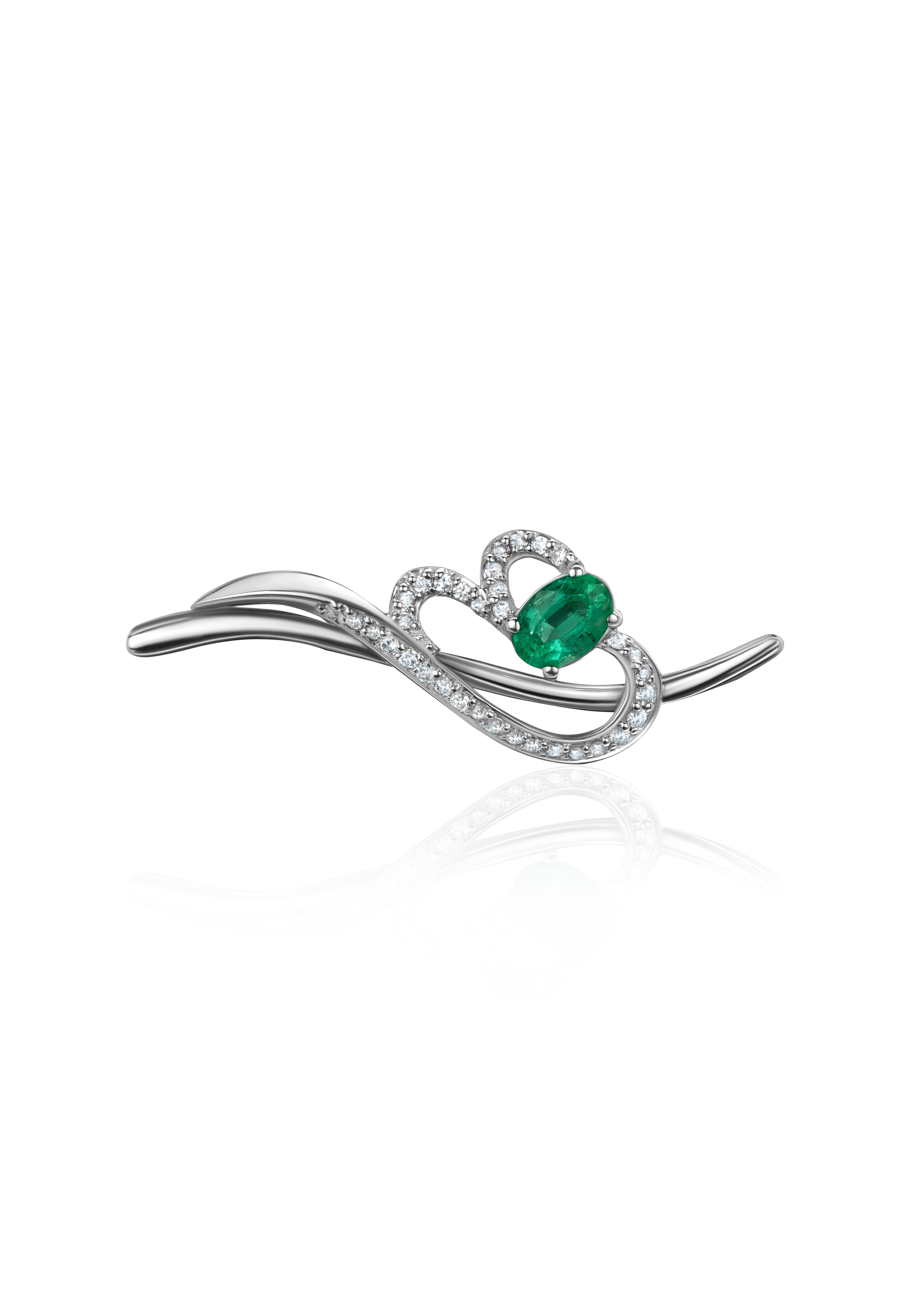 Брошь из белого 585 золота с бриллиантами и изумрудом