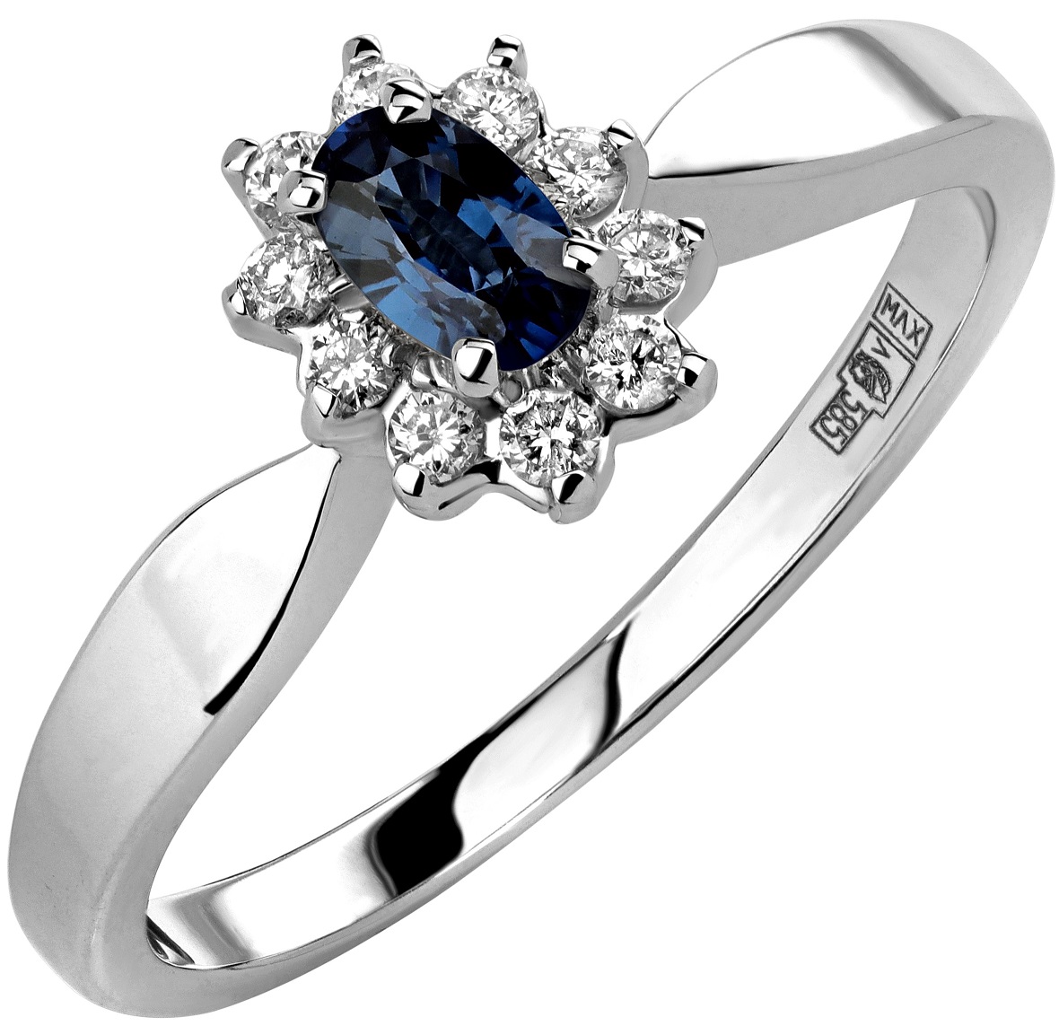 Белое 585 золотое кольцо с бриллиантами и сапфиром