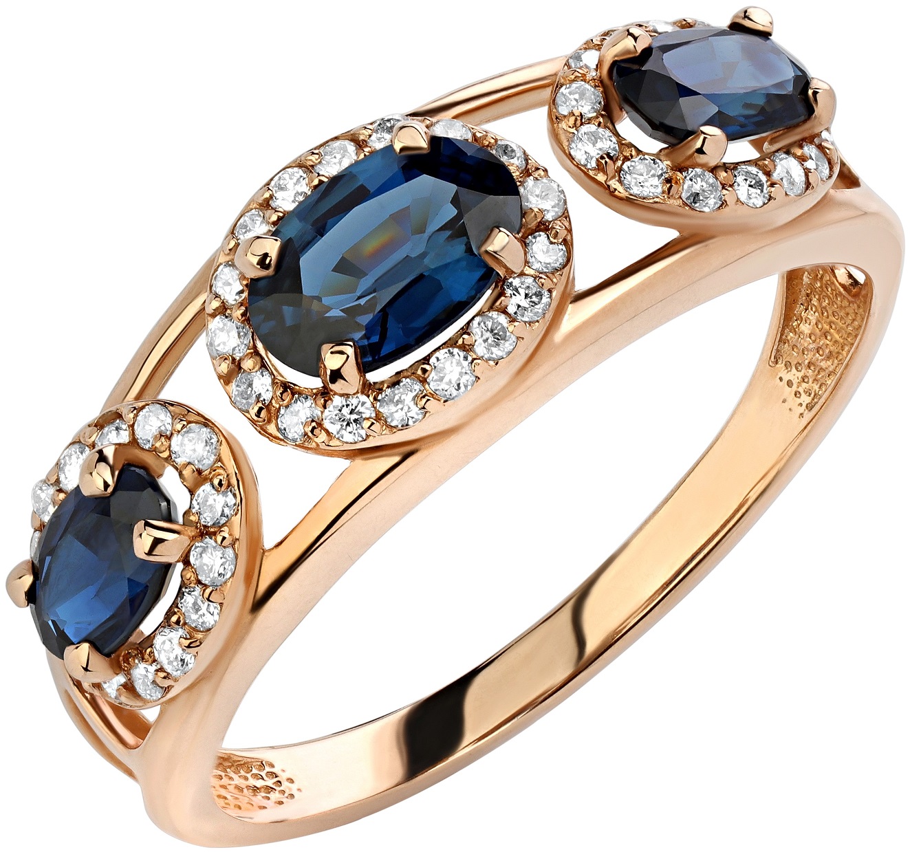 Женское кольцо из красного золота с бриллиантами и сапфирами