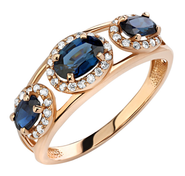 Красное золотое кольцо с бриллиантами и сапфирами