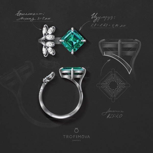 Кольцо с изумрудом и бриллиантами Изготовлено по индивидуальному эскизу