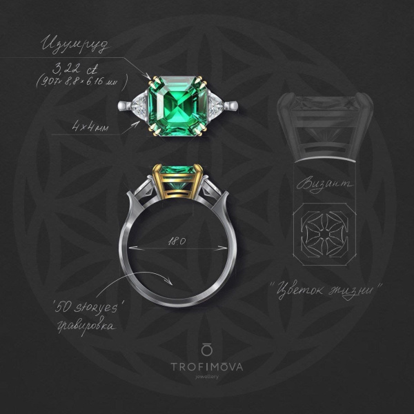 Кольцо с изумрудом и бриллиантами Изготовлено по индивидуальному эскизу