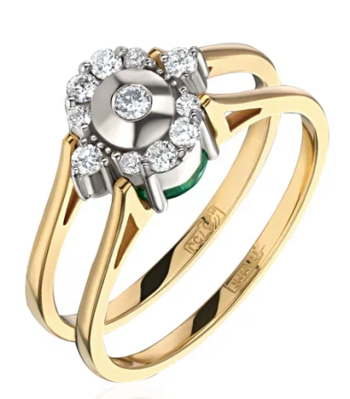 Помолвочное кольцо желтое золото с бриллиантами и изумрудом