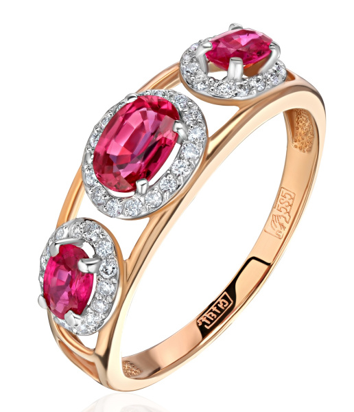 Золотое кольцо с натуральным бриллиантами и рубинами