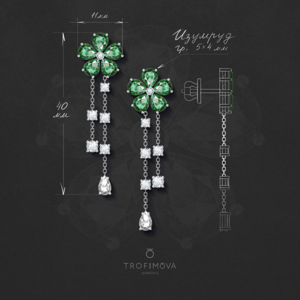 Серьги-трансформеры с изумрудом и бриллиантами 