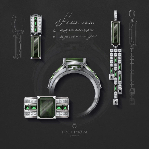 Кулон с турмалином и муассанитами Изготовлено по индивидуальному эскизу